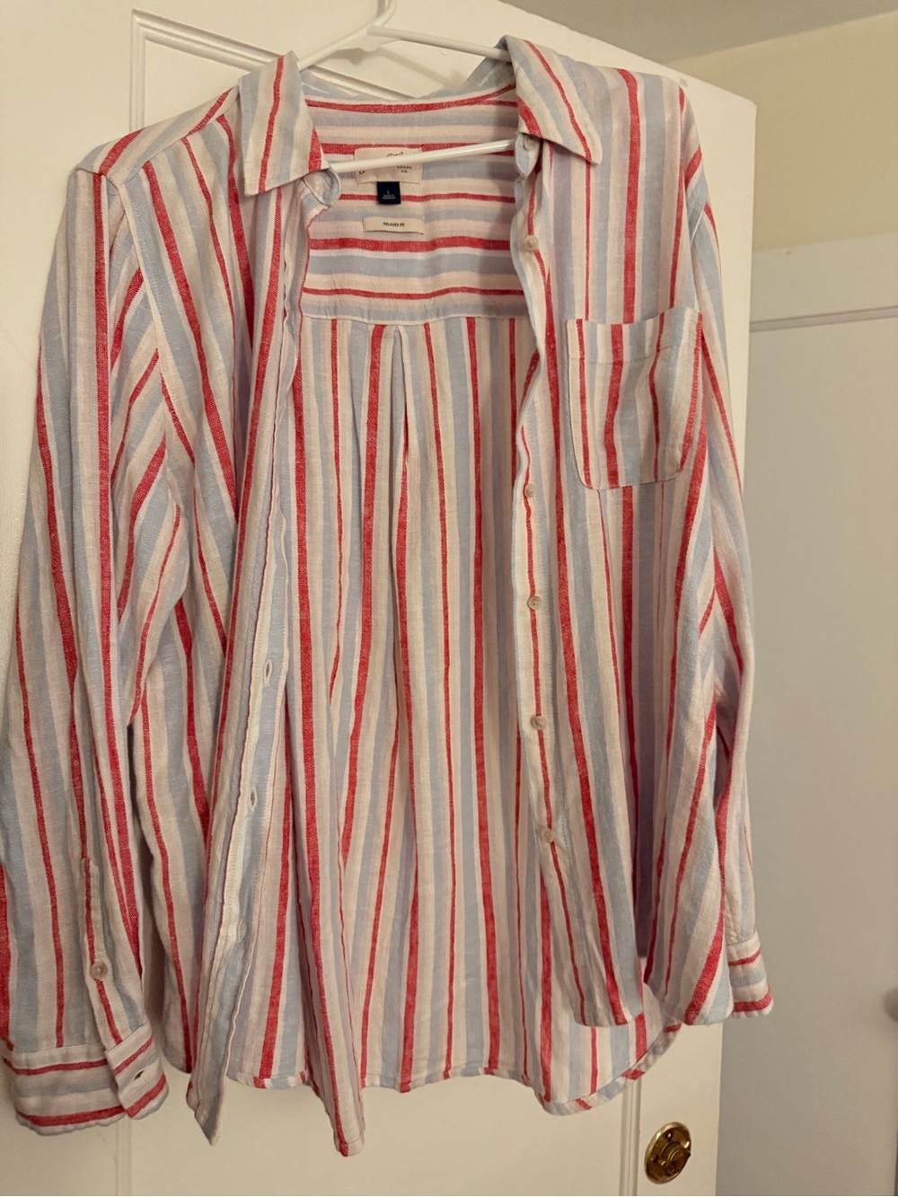Casual Red & White Striped Women’s Button-Up Shirt